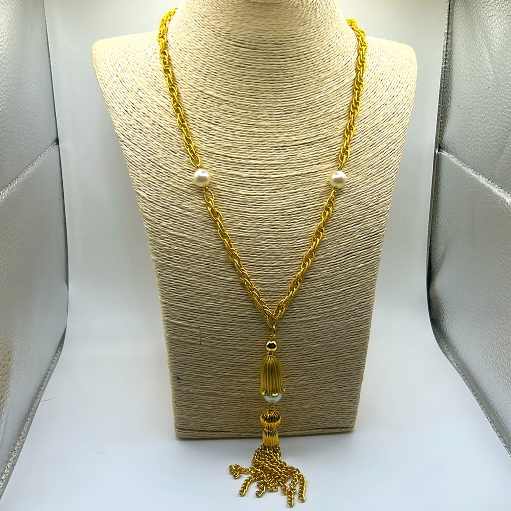 faux pearl tassel necklace gold tone mid century modern glam office